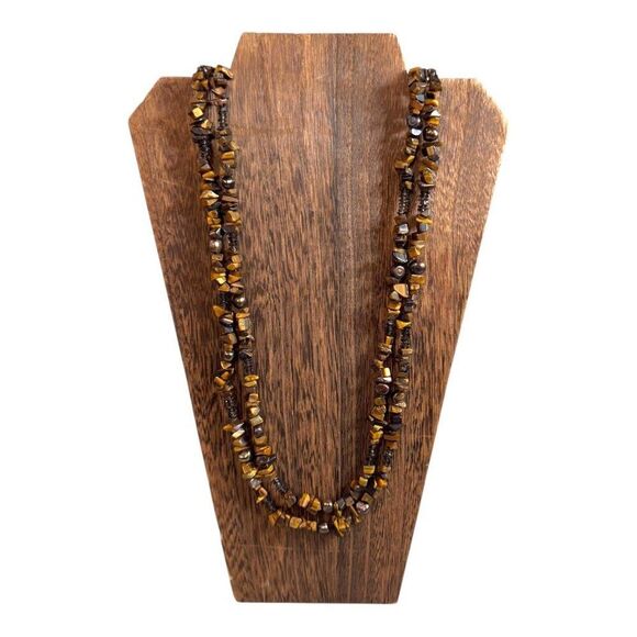 Vintage Double Strand Tigers Eye Sterling Silver Necklace Rose Carved Clasp 28" - Picture 2 of 8